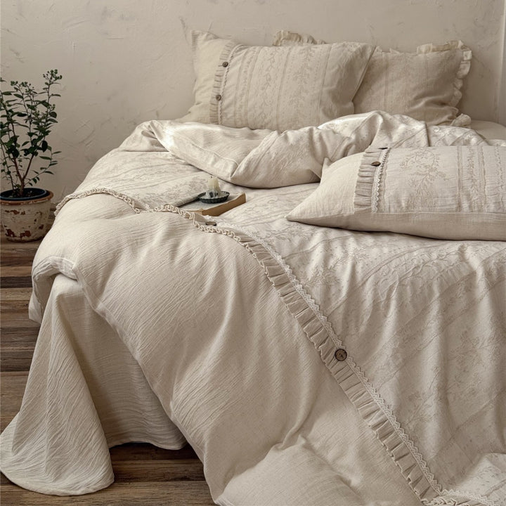 Vintage Floral Linen-Blend Duvet Cover Set with Frilled Trim and Wooden Button Closure