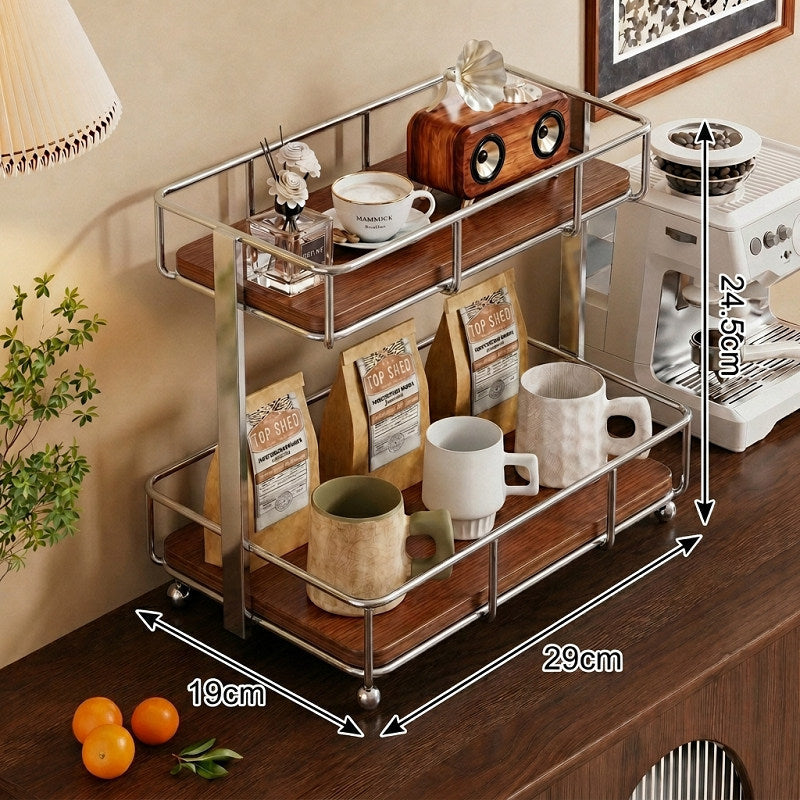 Two Tier Wood-Top Metal Countertop Kitchen Organizer Rack