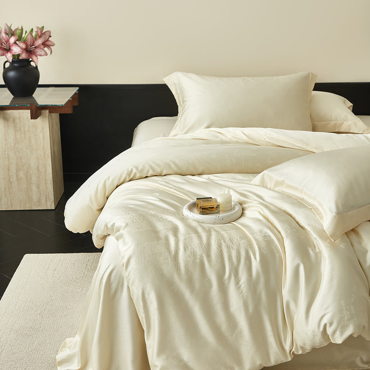 Silky Cotton-Sateen Duvet Cover Set with Subtle Botanical Jacquard & Deep-Pocket Sheet