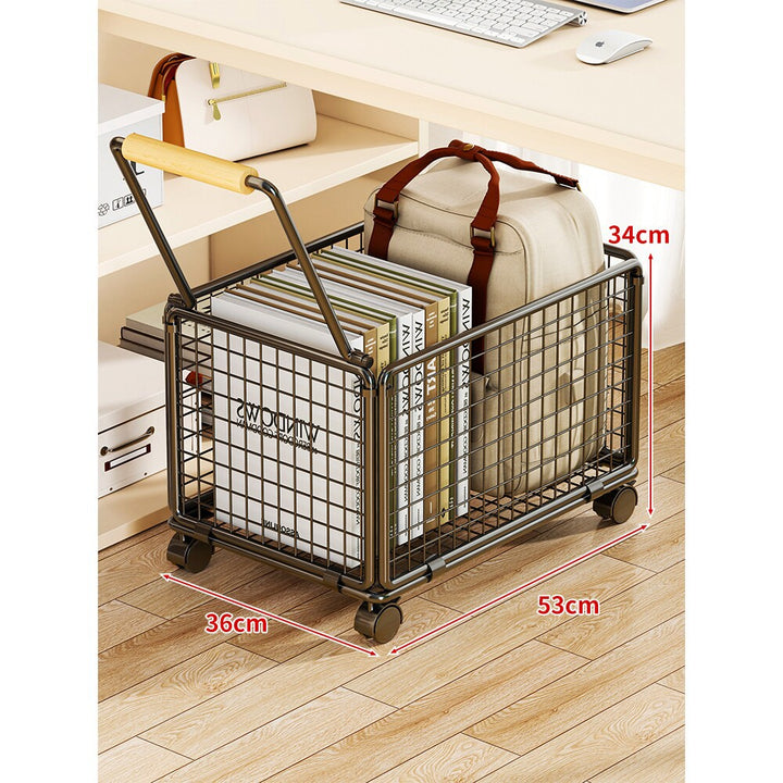 Under-Desk Rolling Wire Storage Cart with Wooden Handle
