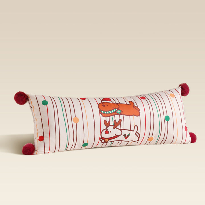 Long decorative lumbar and neck pillow in Christmas check with pompom and dog-tree motif Stornfield