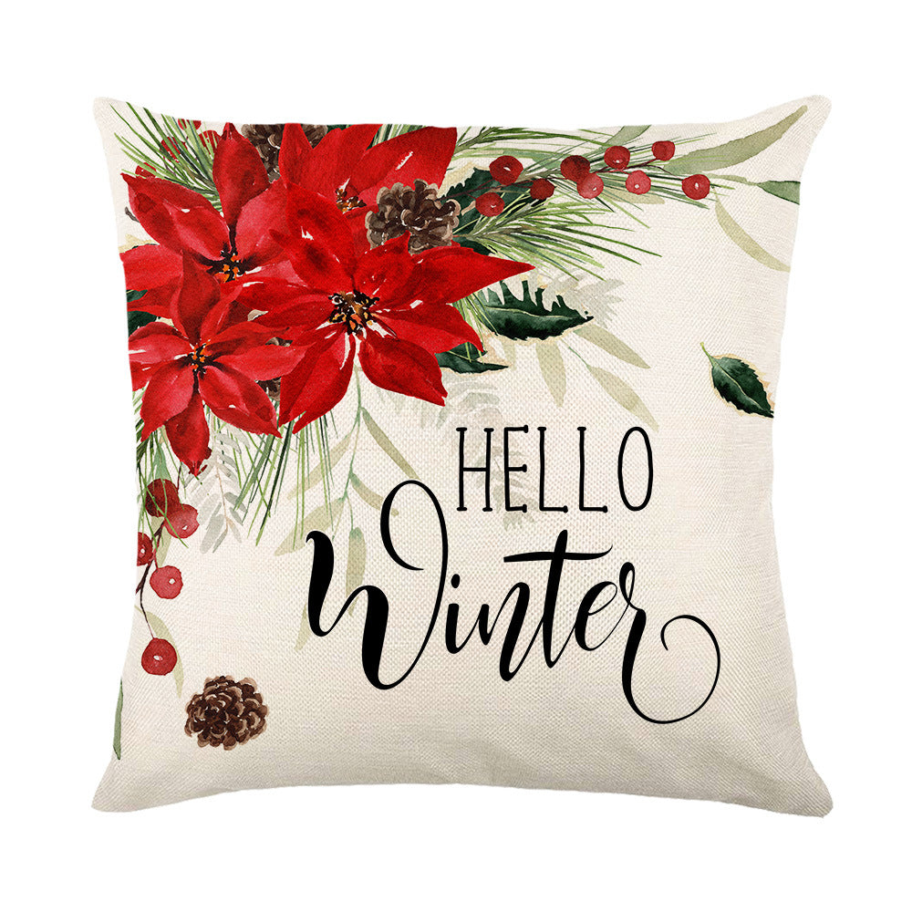 Holiday Linen Throw Pillow Cover with Merry Bright Script and Ribbon Bow Accent