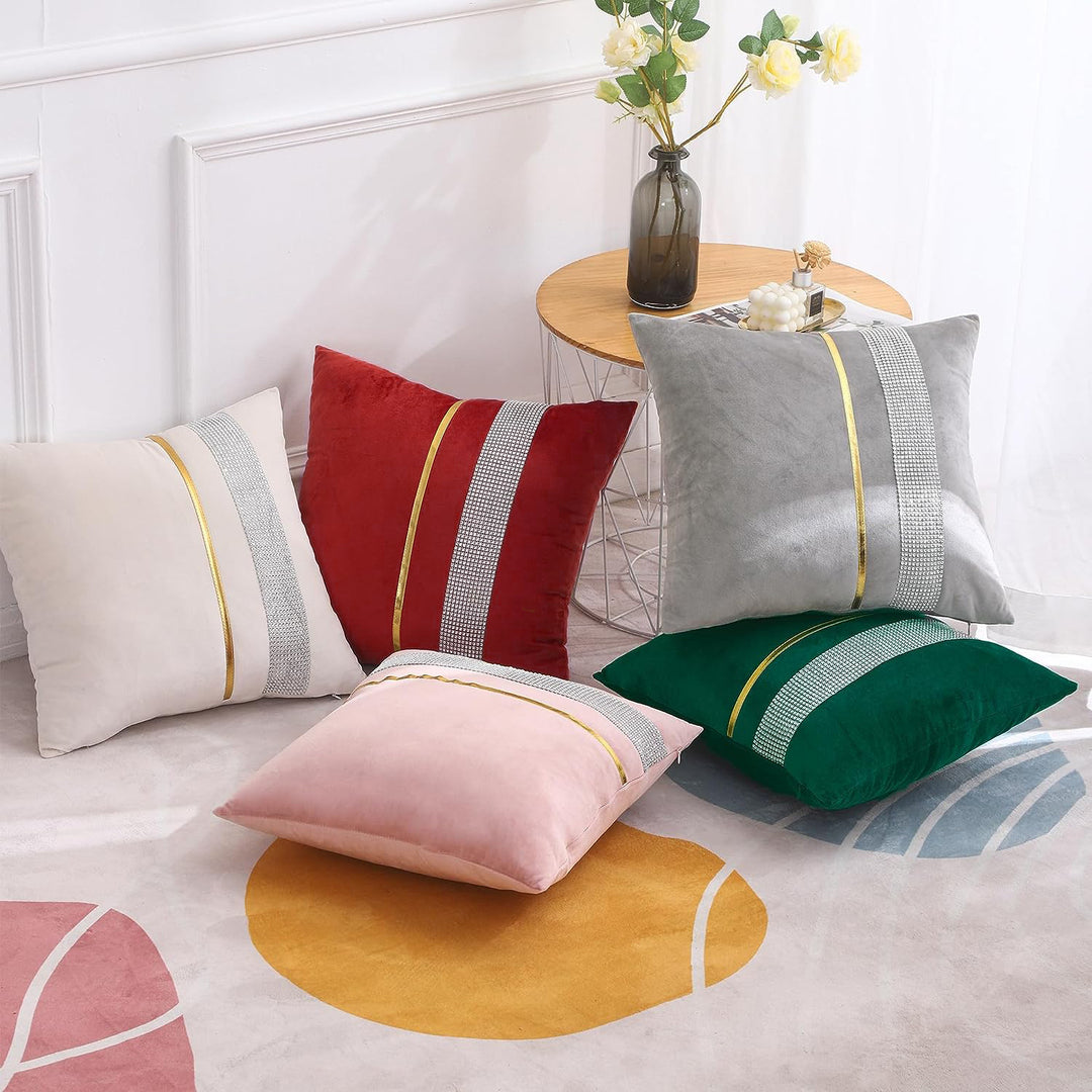 Decorative Velvet Square Throw Pillow with Metallic Trim and Rhinestone Band