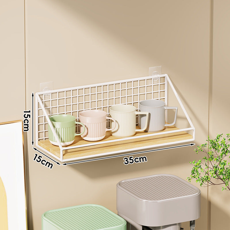 Ventilated Grid Wall Shelf with Wood-Look Tray and Clear Suction Mounts