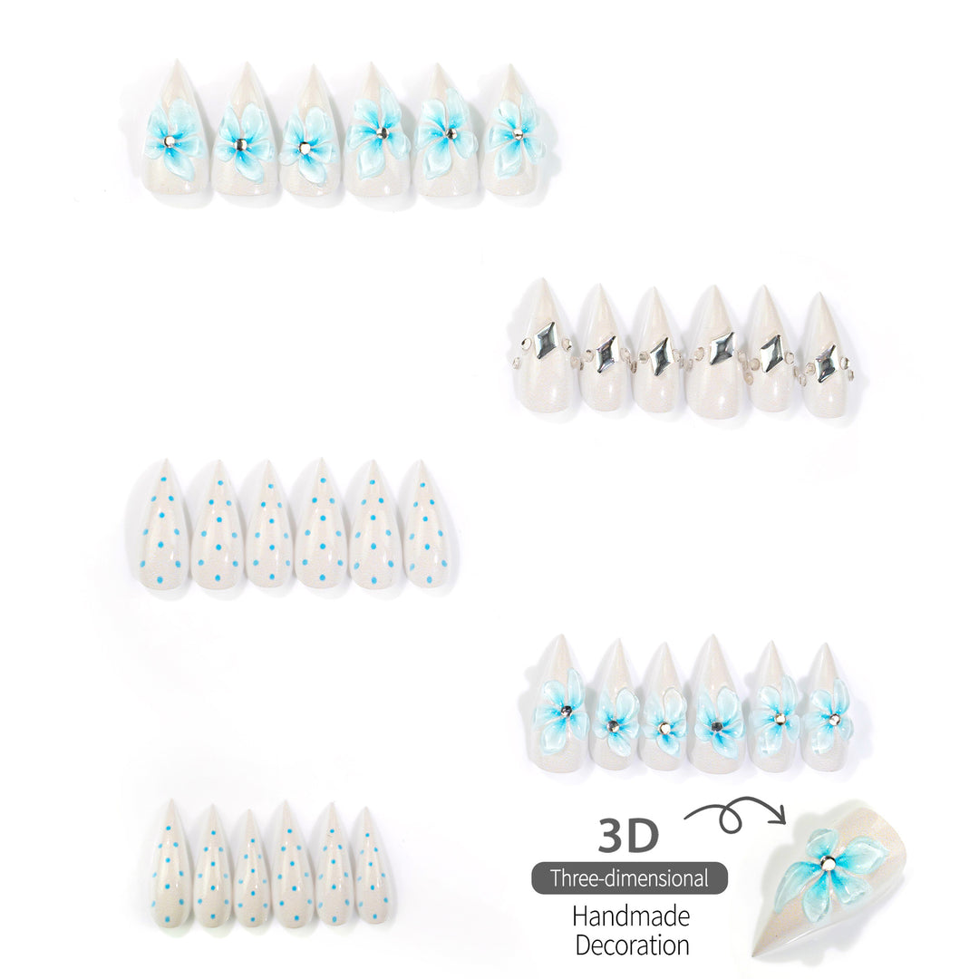 Decorative Press-On Nail Set with Floral and Gemstone Designs