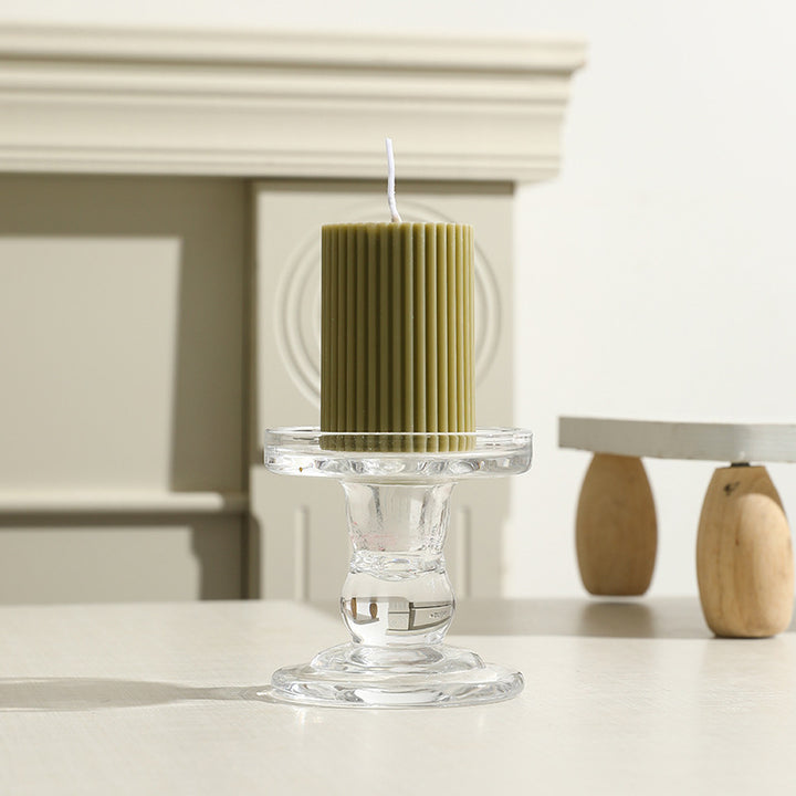Ribbed Column Pillar Candle with Glass Pedestal Holder
