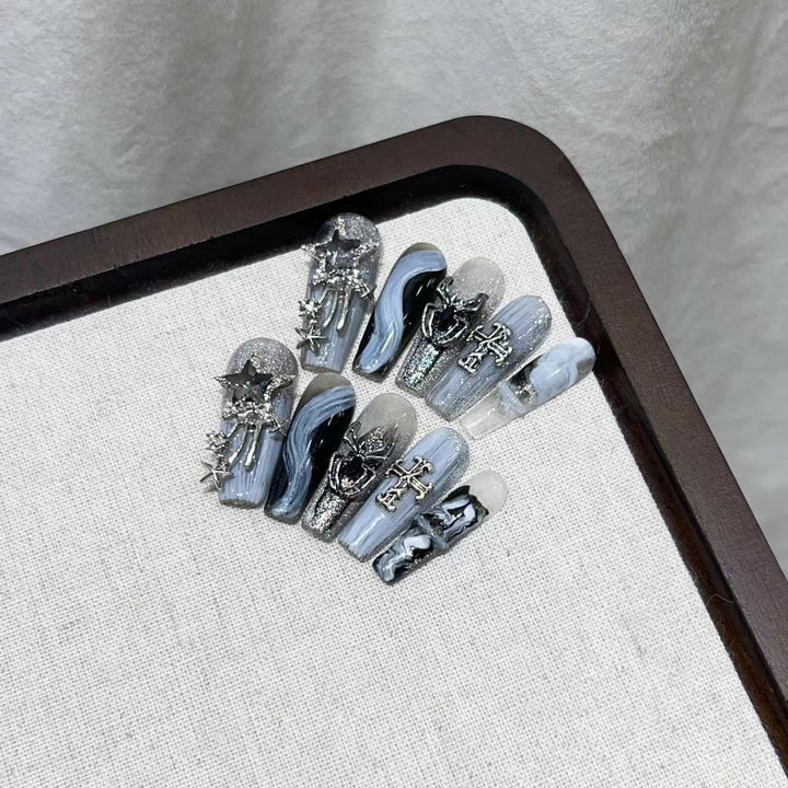 Glamorous Press-On Nail Art Set with Decorative Metallic Elements Stornfield