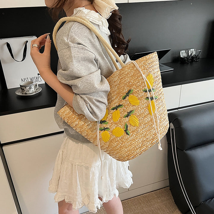 Embroidered Straw Beach Tote