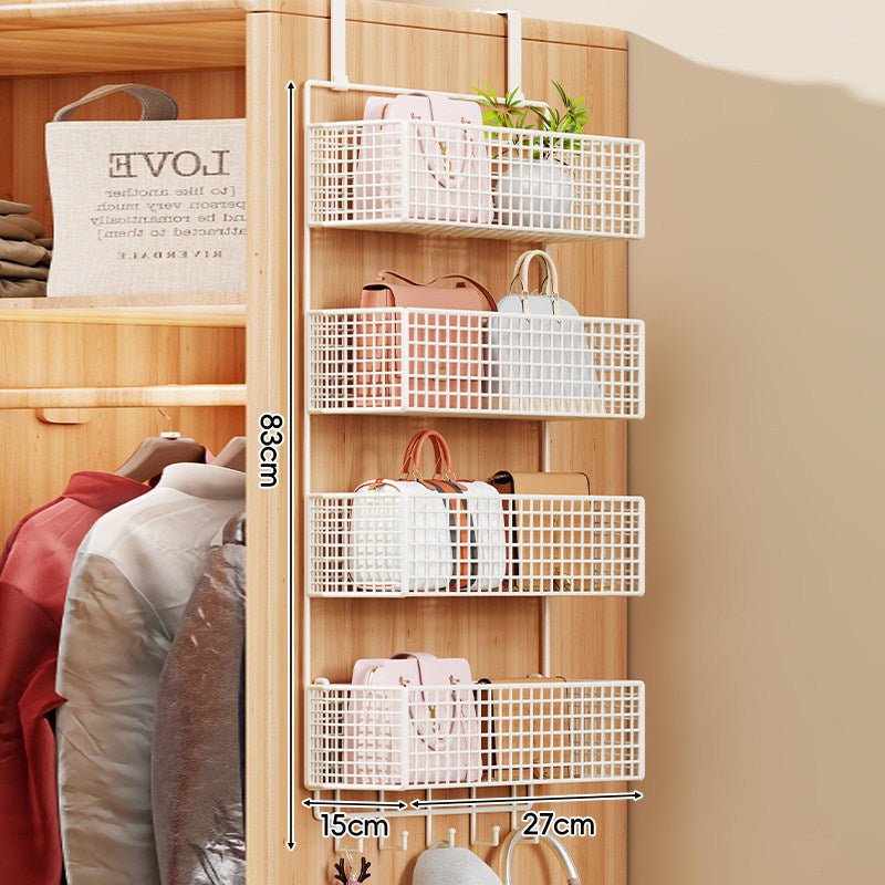 Over-Door Four-Tier Metal Mesh Hanging Storage Organizer with Integrated Hooks
