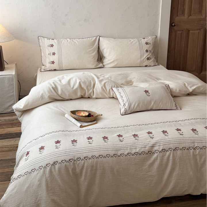 Embroidered Linen Duvet Cover Set with Decorative Pillow Shams