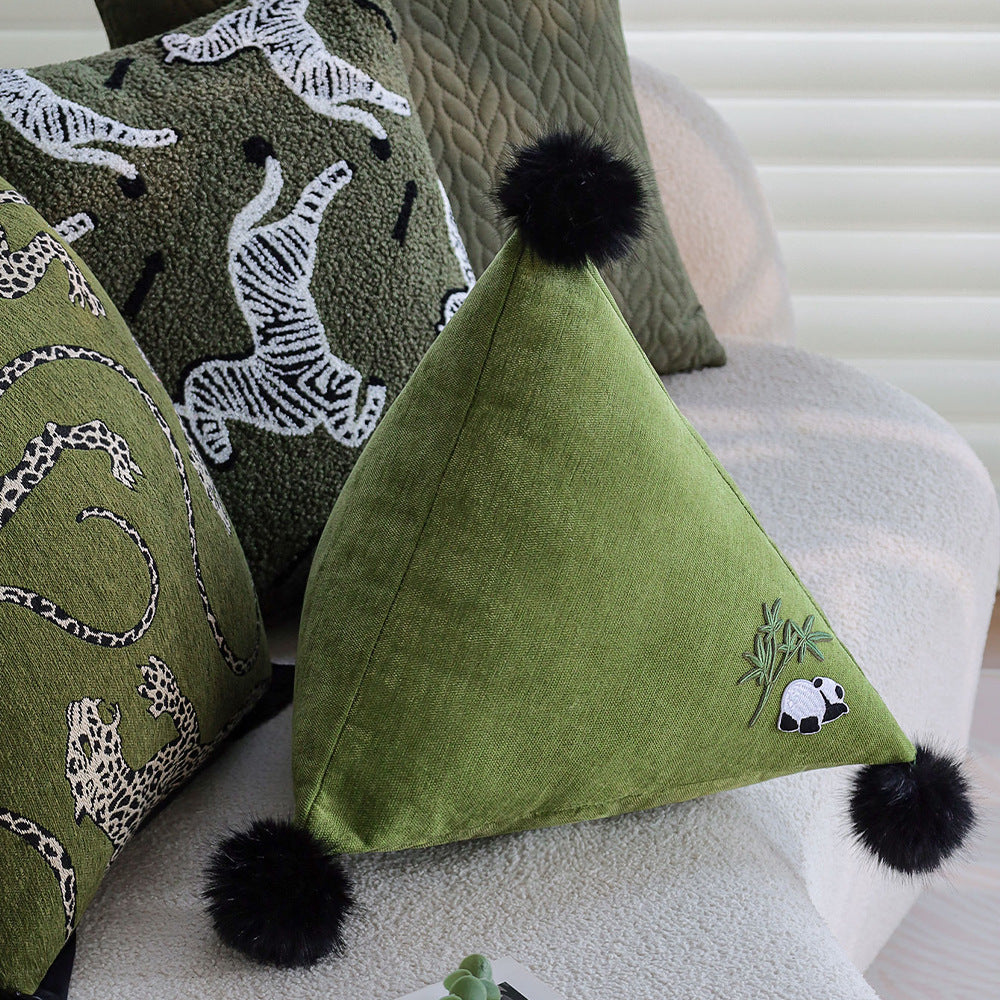 Triangular Decorative Back Cushion with Panda Embroidery and Fluffy Pom Poms Stornfield