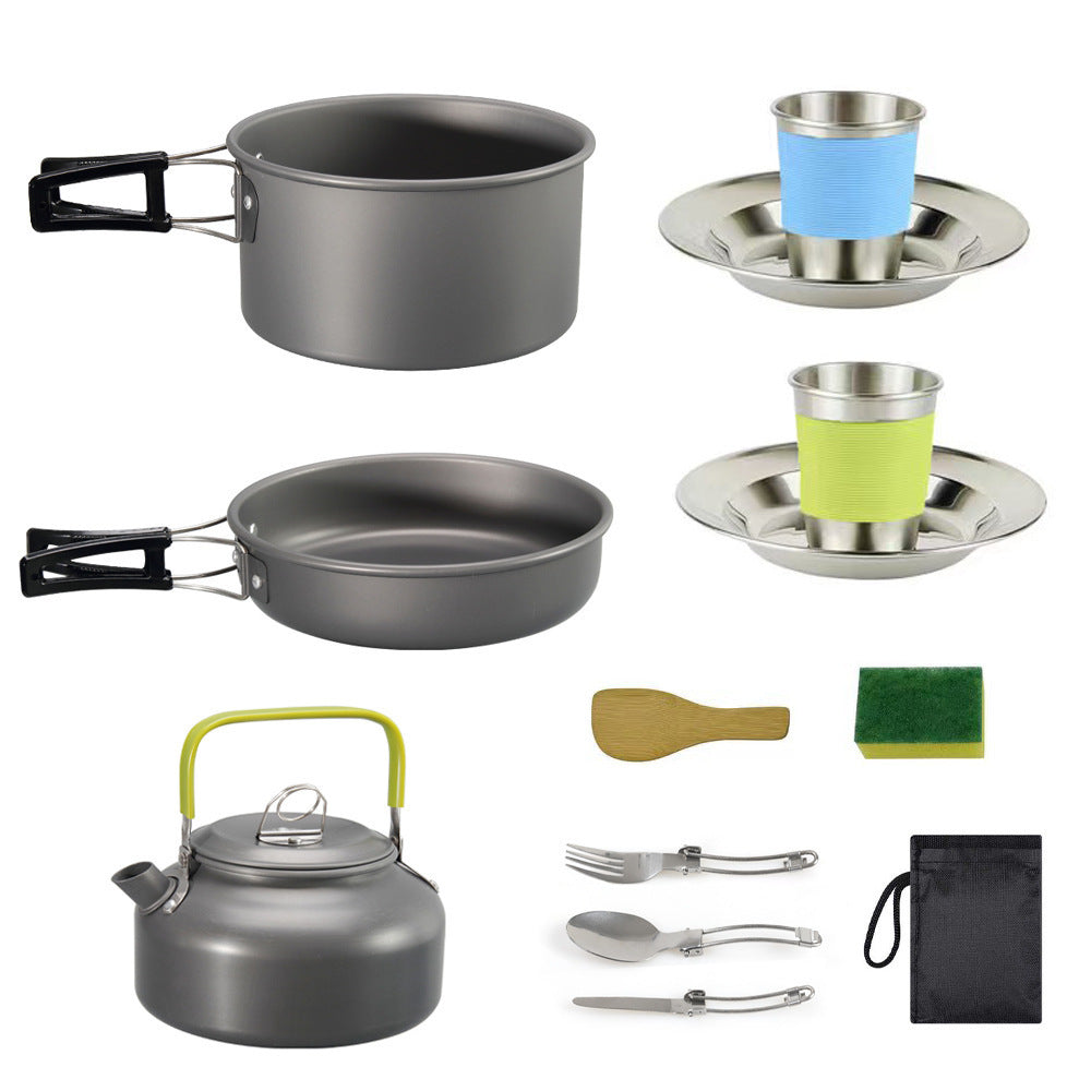 lightweight hard-anodized camping cookware set with folding handles compact kettle and stainless cup plates Stornfield