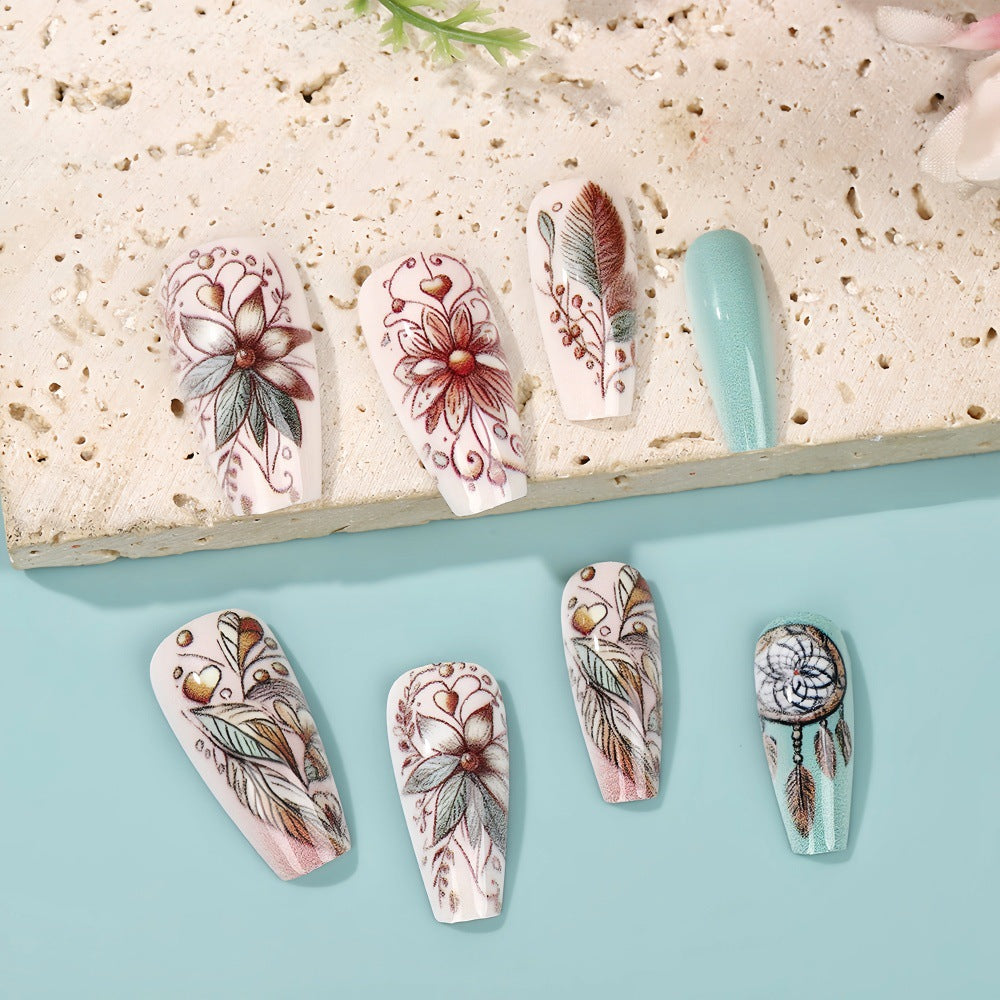 Artificial nails with floral patterns and dreamcatcher motif Stornfield