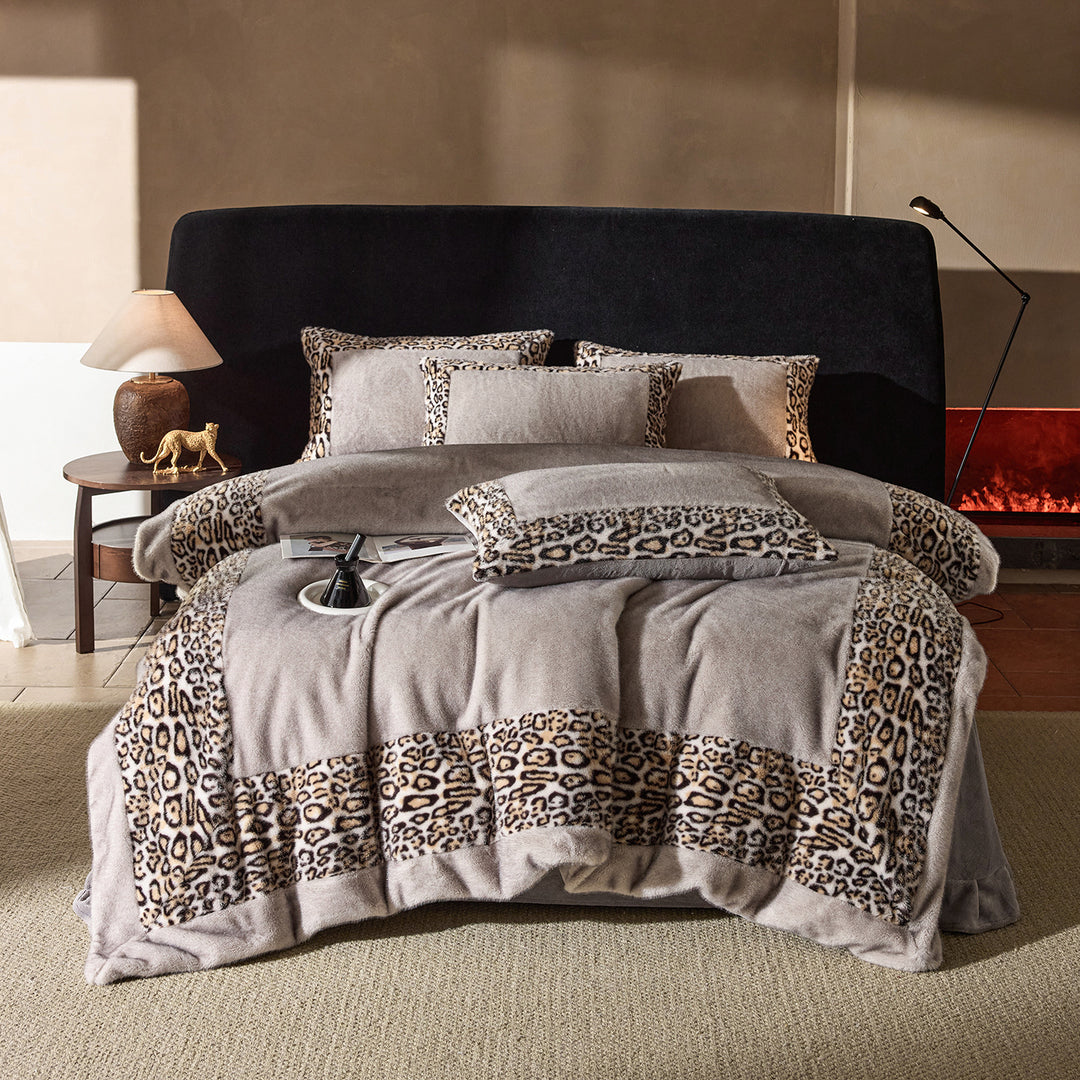Plush Faux-Fur Leopard-Trim Reversible Duvet Cover Set with Decorative Shams