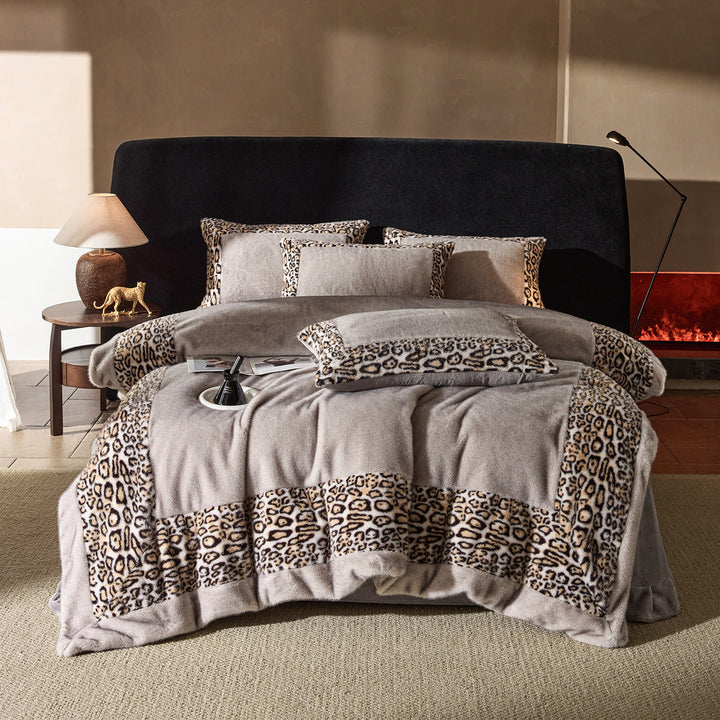 Plush Faux-Fur Leopard-Trim Reversible Duvet Cover Set with Decorative Shams