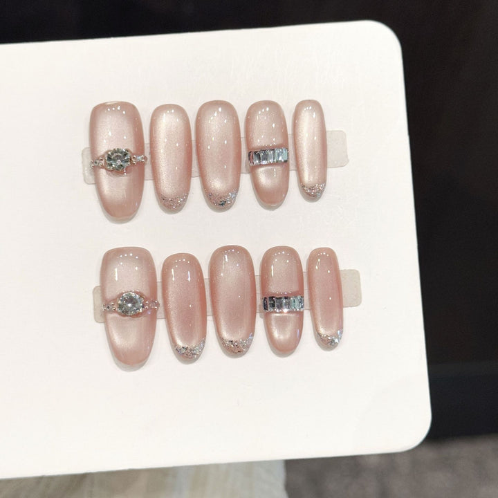 Decorative Press-On Nail Set with Elegant Jewel Accents