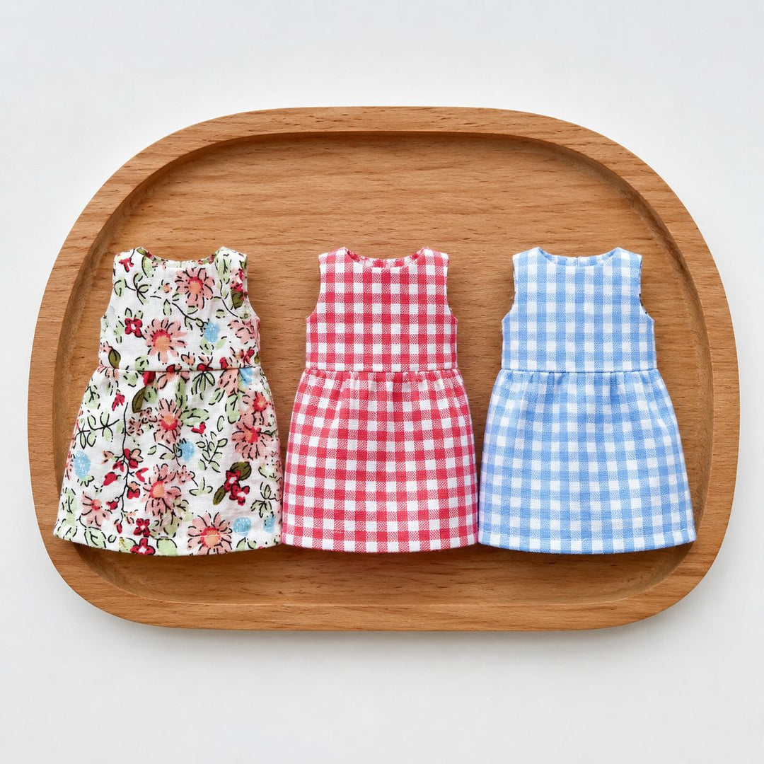 Handcrafted Linen-Style Mouse Soft Toy with Three Removable Cotton Dresses