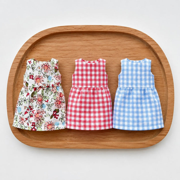 Handcrafted Linen-Style Mouse Soft Toy with Three Removable Cotton Dresses