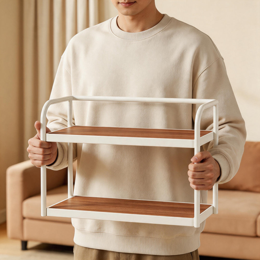 Two-Tier Compact Countertop Spice and Pantry Organizer Stand with Metal Frame and Wood-Effect Shelves