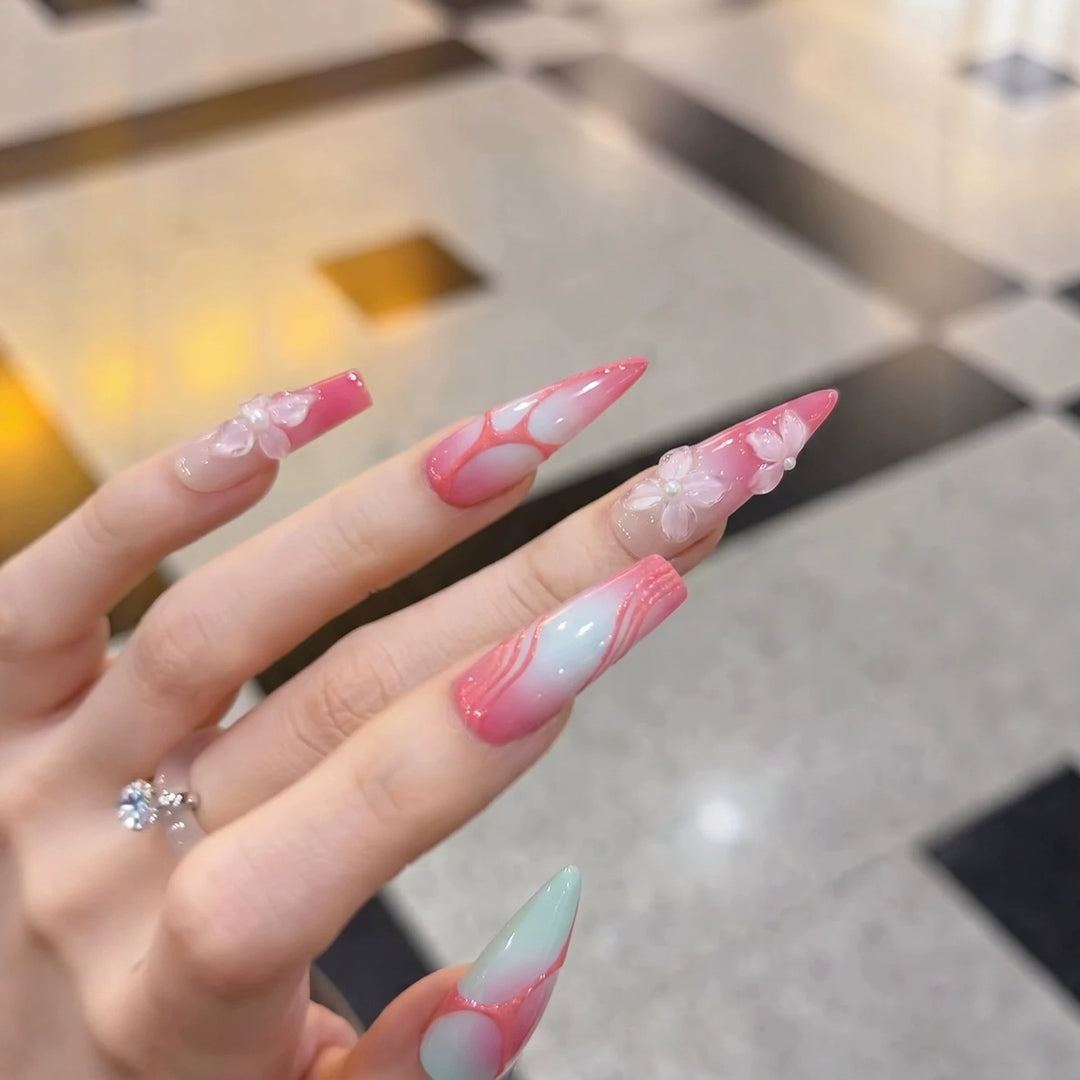 Decorative Stiletto Press-On Nails with Floral Designs Stornfield
