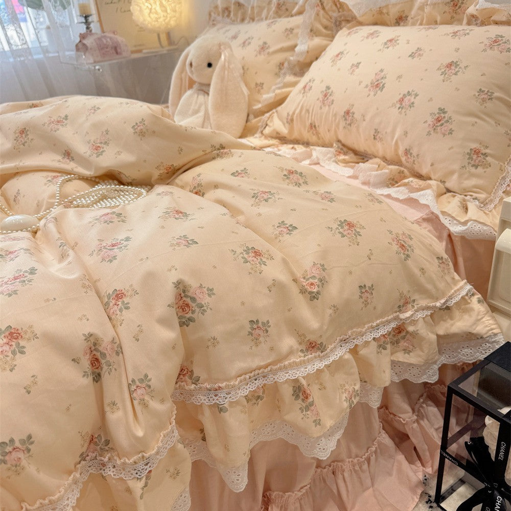Ruffled Floral Lace-Trim Duvet Cover Set with Pillow Shams