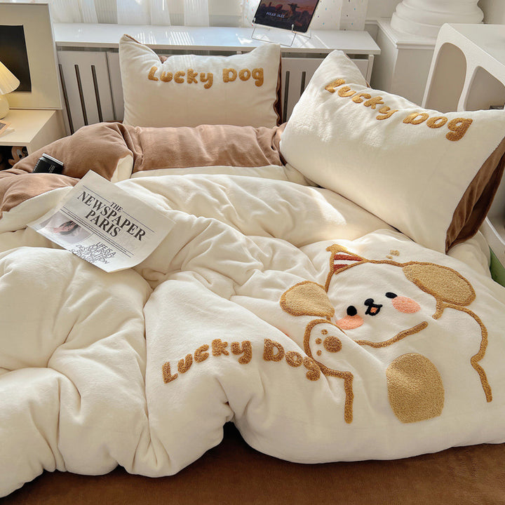 Plush Embroidered Cat Stripe Comforter Bedding Set
