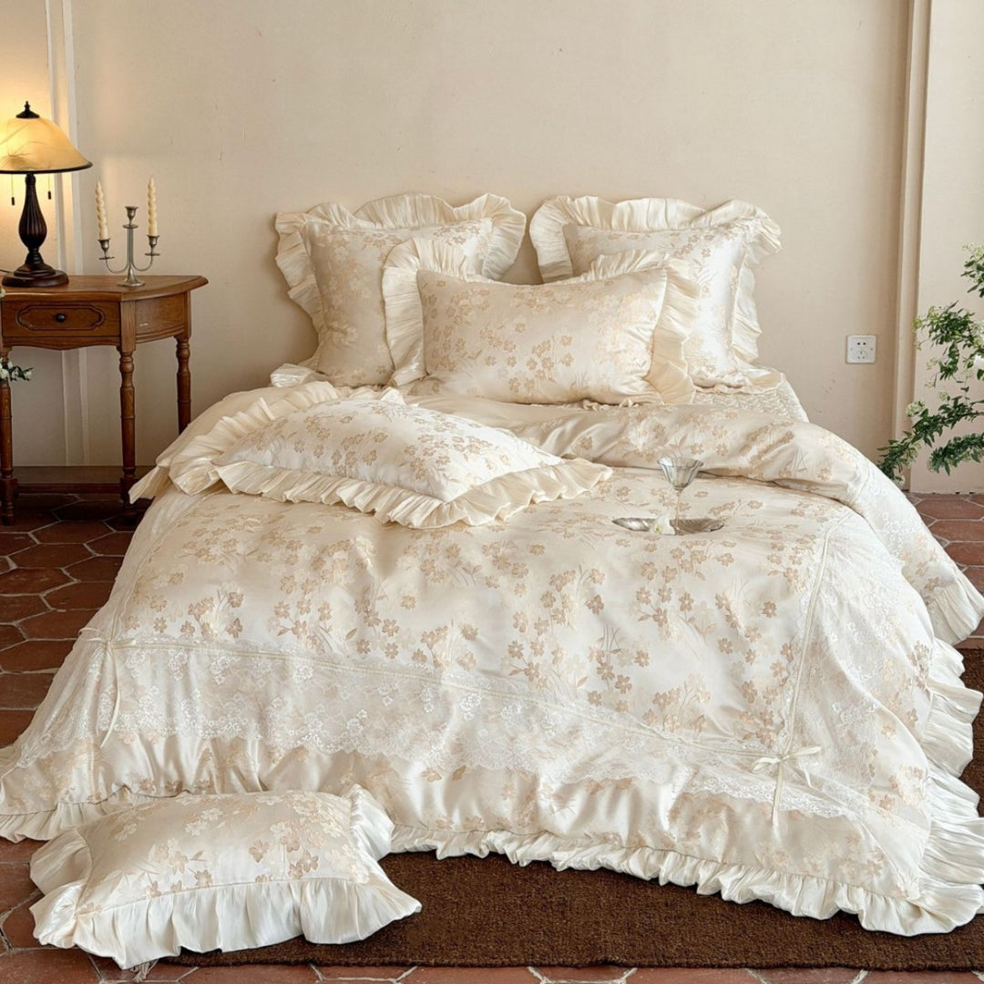 Ruffled Jacquard Floral Satin-Trim Duvet Cover & Sham Set