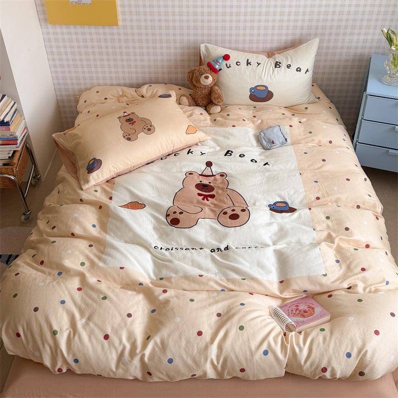 Cute Cartoon Puppy Cotton Duvet Cover Set with Pillow Shams and Reversible Floral Border