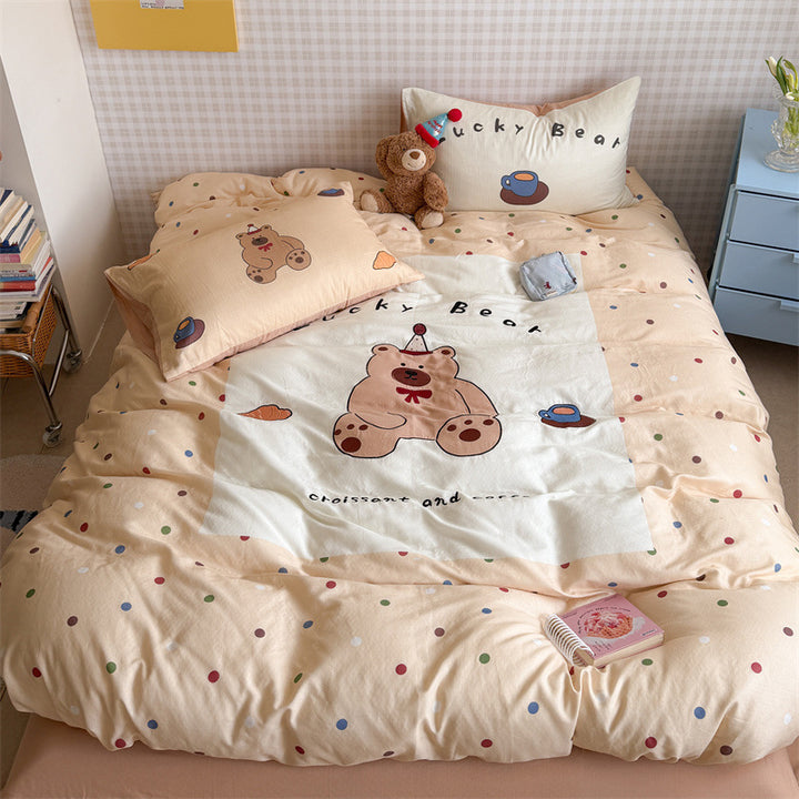 Cute Cartoon Puppy Cotton Duvet Cover Set with Pillow Shams and Reversible Floral Border