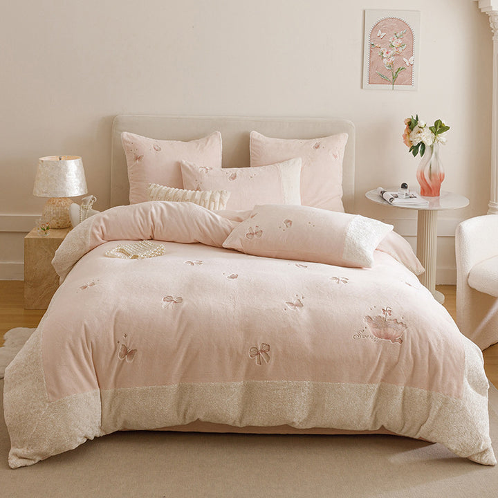 Plush Embroidered Bow Motif Sherpa-Trim Duvet Cover & Pillow Sham Set