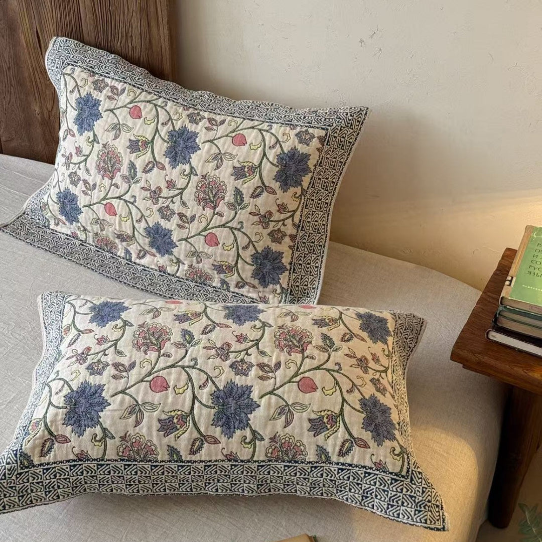 Embroidered Floral Cotton Pillowcase Shams Pair with Decorative Border