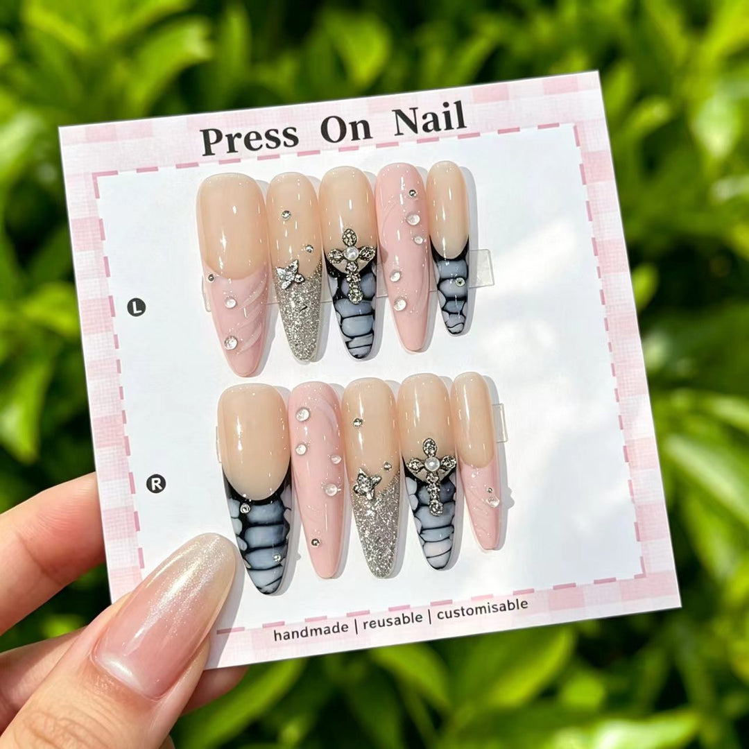 Elegant Reusable Press-On Nail Art Set with Floral Accents