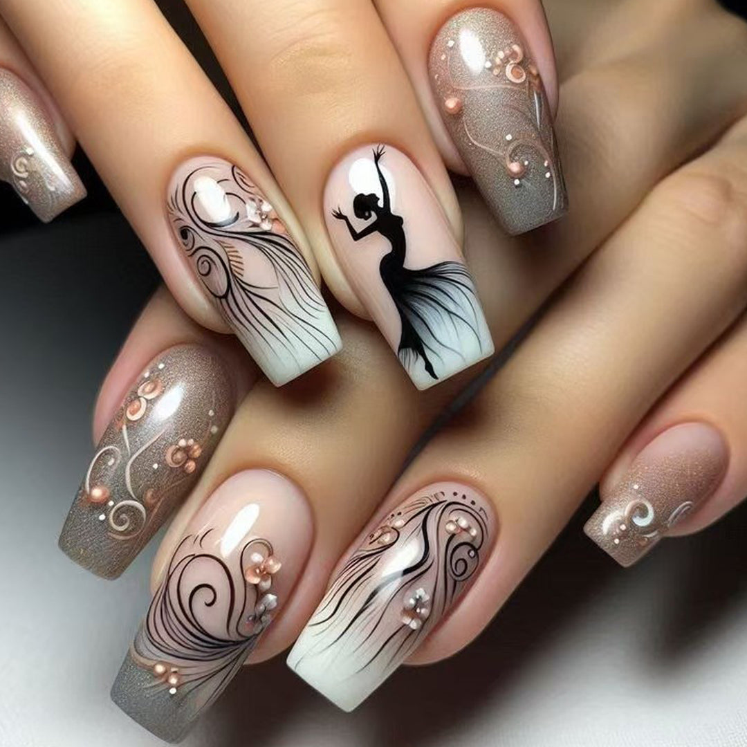 Artificial nails with elegant silhouette and floral accents Stornfield