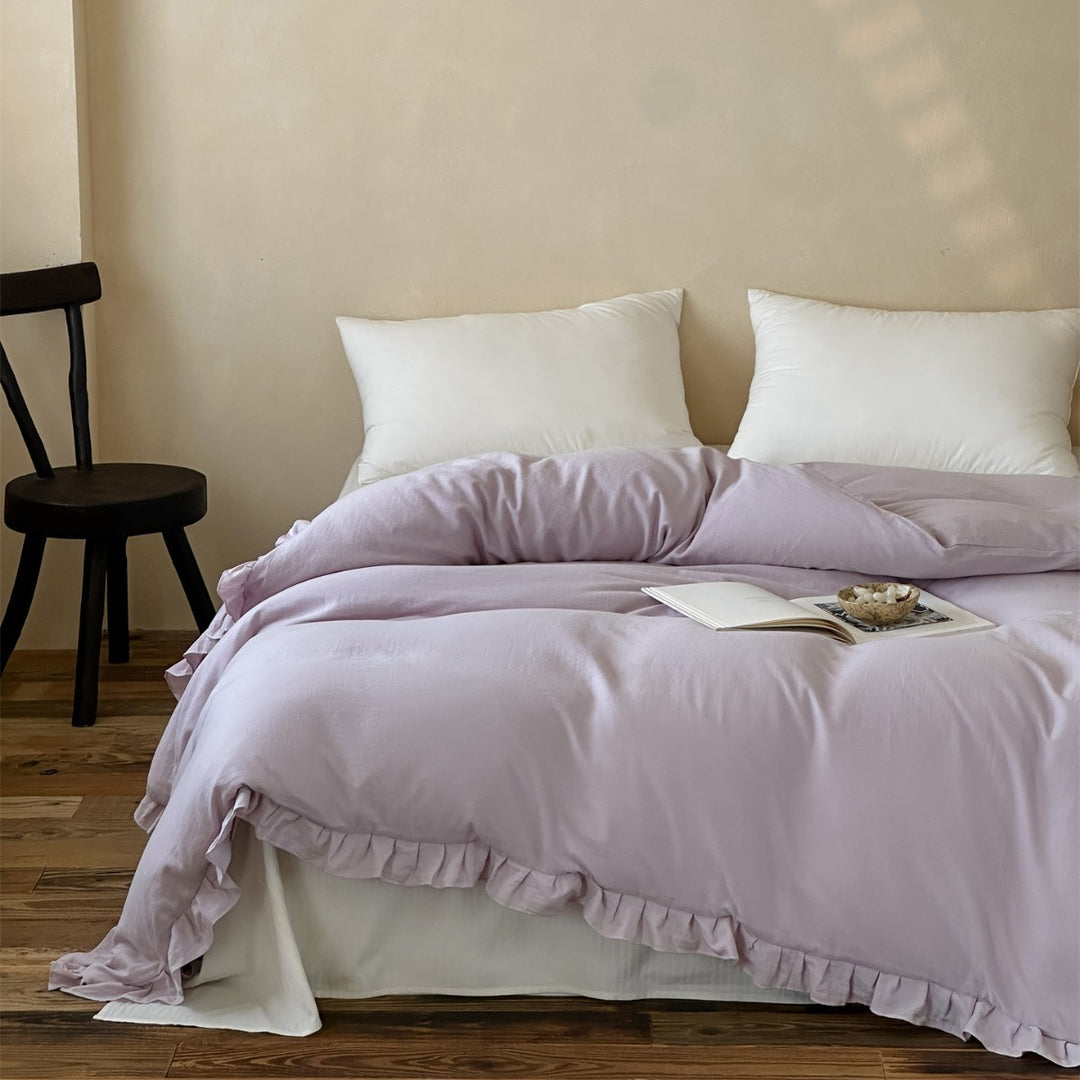 Washed Soft-Touch Ruffled-Hem Cotton-Linen Blend Duvet Cover Set with Hidden Corner Ties