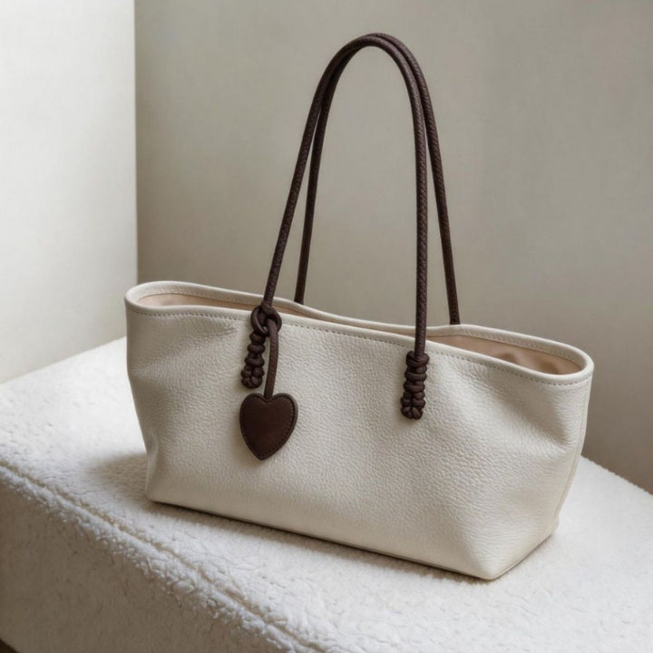 Pebbled Faux Leather Rectangular Tote Bag with Long Cord Shoulder Handles & Heart Charm