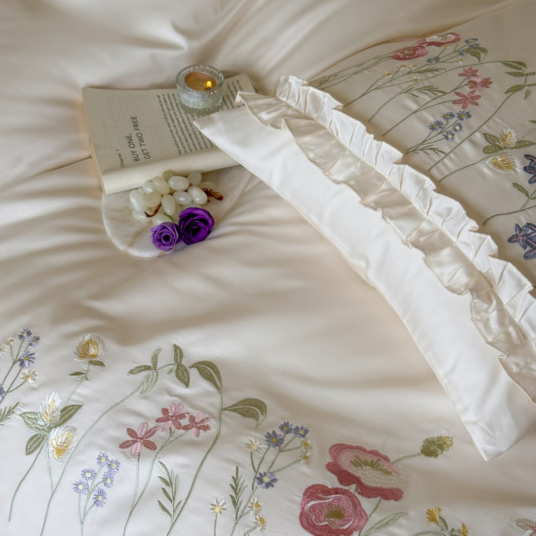 Floral Embroidered Luxury Cotton Sateen Bedding Set with Ruffled Pillowcases