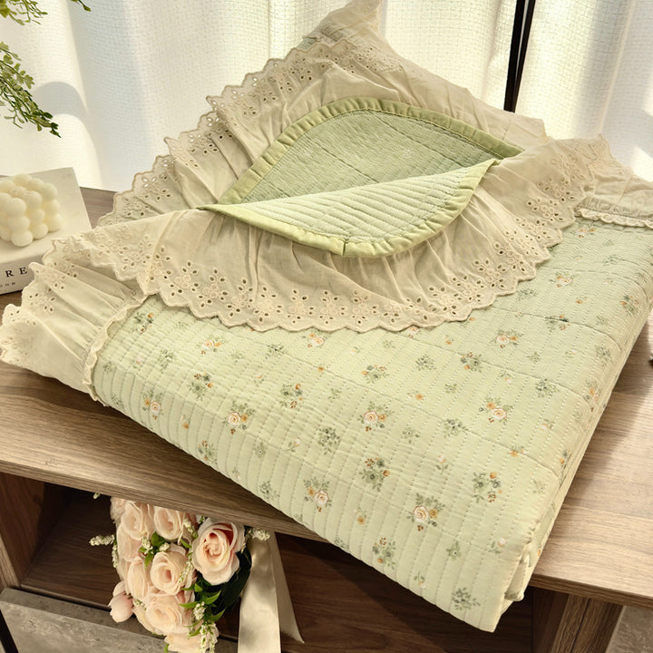 Quilted Floral Reversible Throw Blanket with Eyelet Lace Ruffle