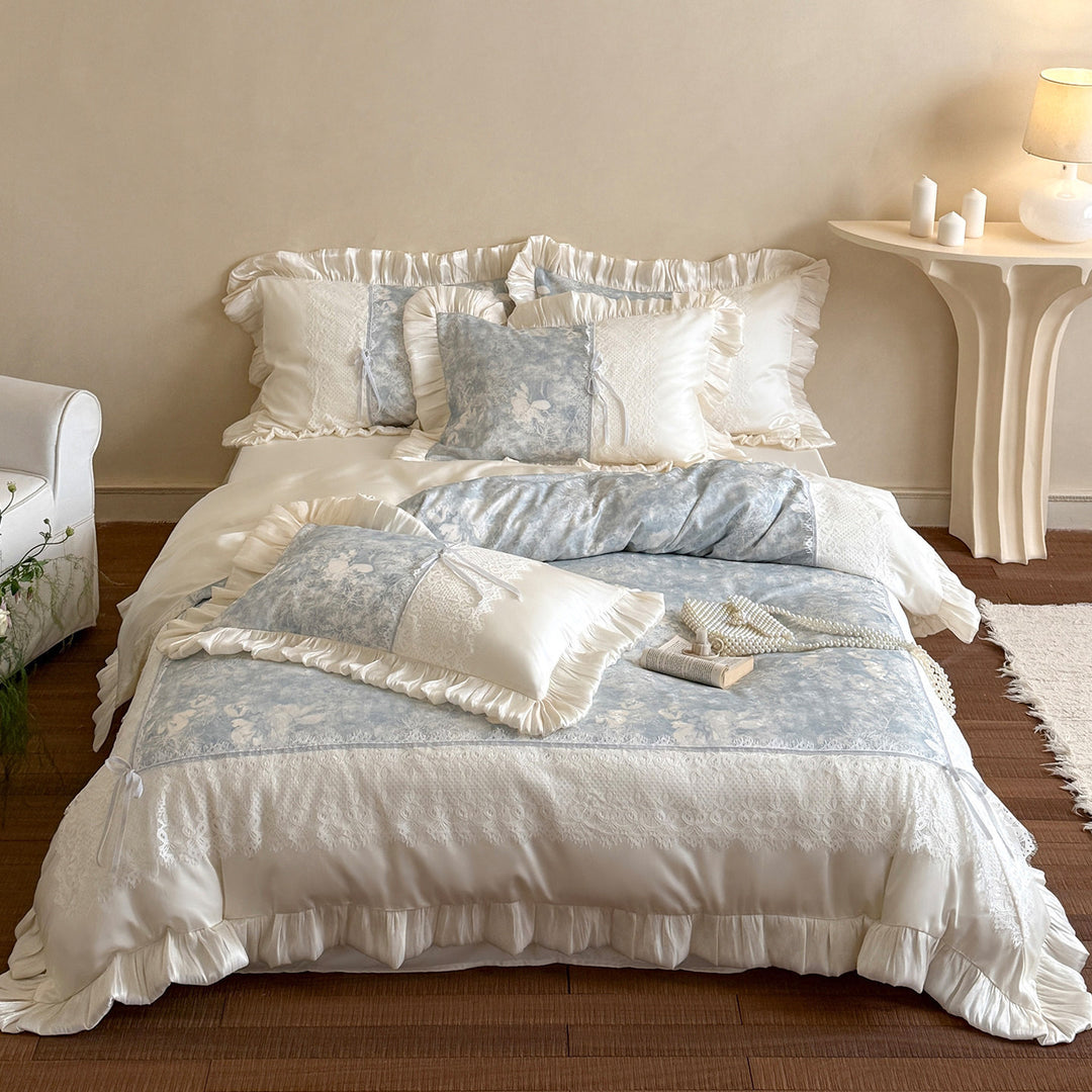 Ruffled Lace-Trim Cotton Sateen Duvet Cover Set with Bow-Tie Accents & Decorative Shams