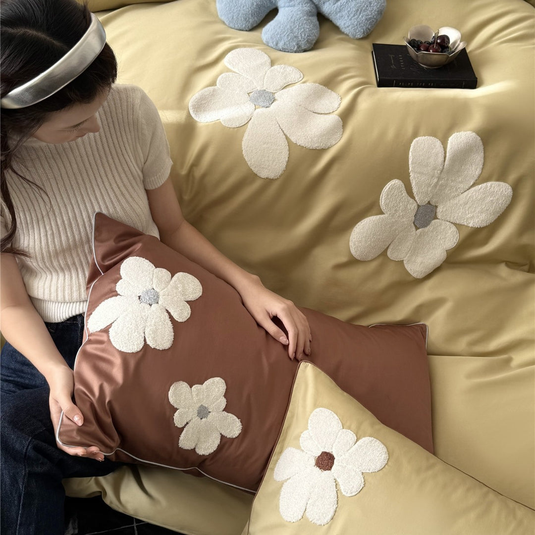 Chenille Floral Appliqué Sateen Duvet Cover Set with Plush Accent Pillow