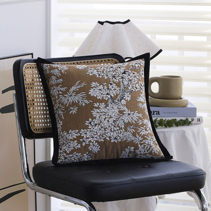Square embroidered cushion cover made of cotton-linen blend with floral jacquard texture and velvet piping Stornfield