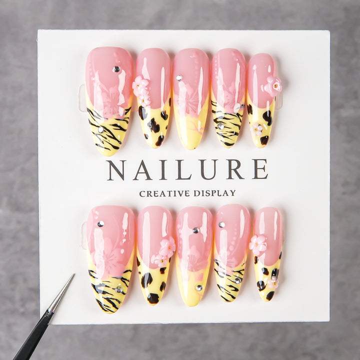 Artistic Stiletto Press-On Nail Set with Floral and Animal Print Accents
