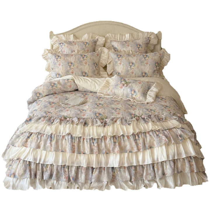Romantic Layered Ruffled Floral Duvet Cover Set with Satin-Trim Pillow Shams