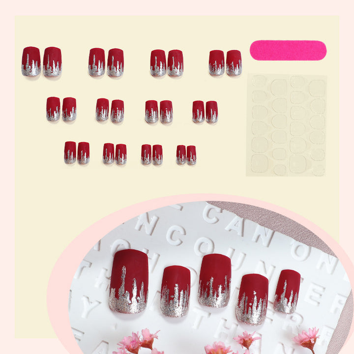Artistic Press-On Nail Set with Silver Drip Design Stornfield