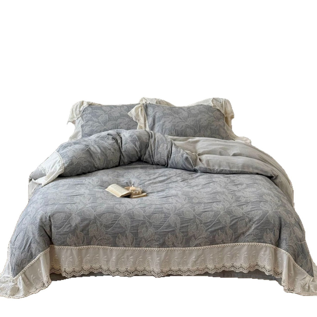 Lace-Trim Reversible Leaf Jacquard Duvet Cover Set