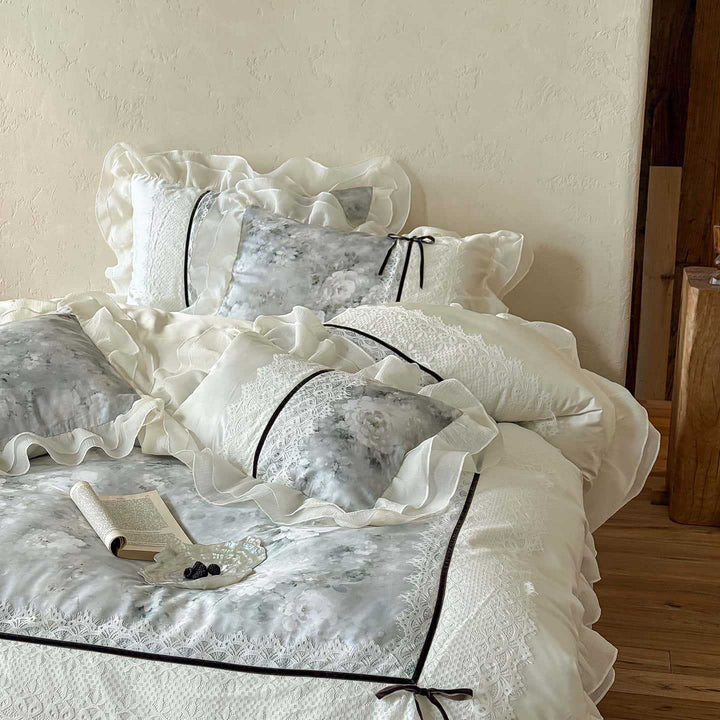 luxurious romantic bedding set with lace trim and ruffles