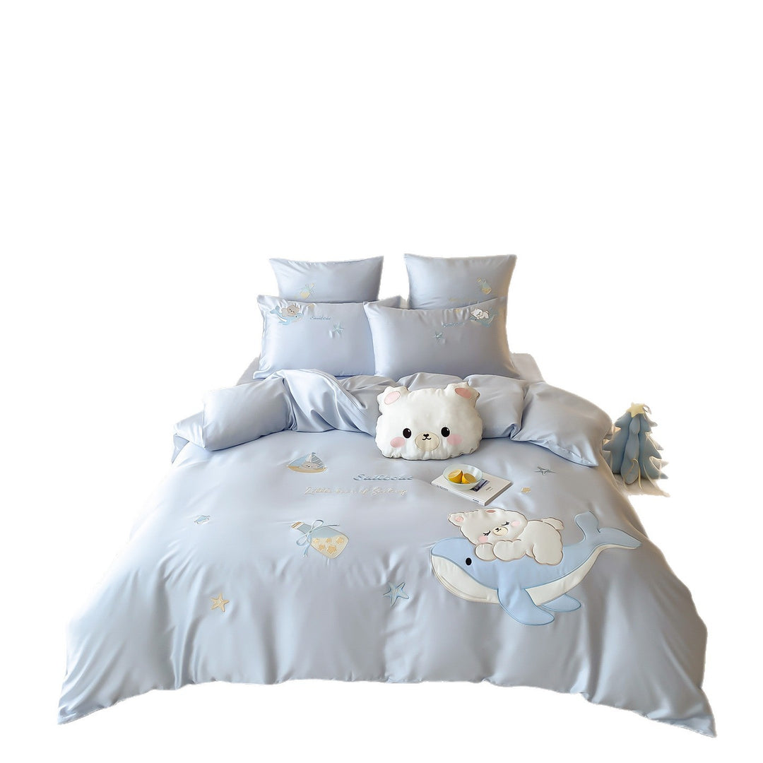 Kids Embroidered Cotton-Sateen Duvet Cover Set with Plush Bear Appliqué & Whale Motif