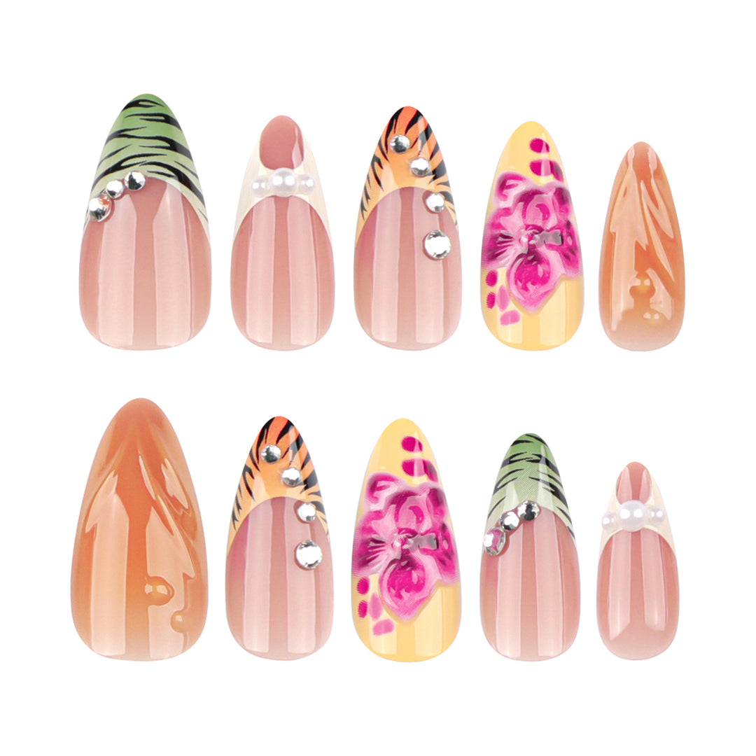 Artistic stiletto nails with colorful flower design and glitter Stornfield