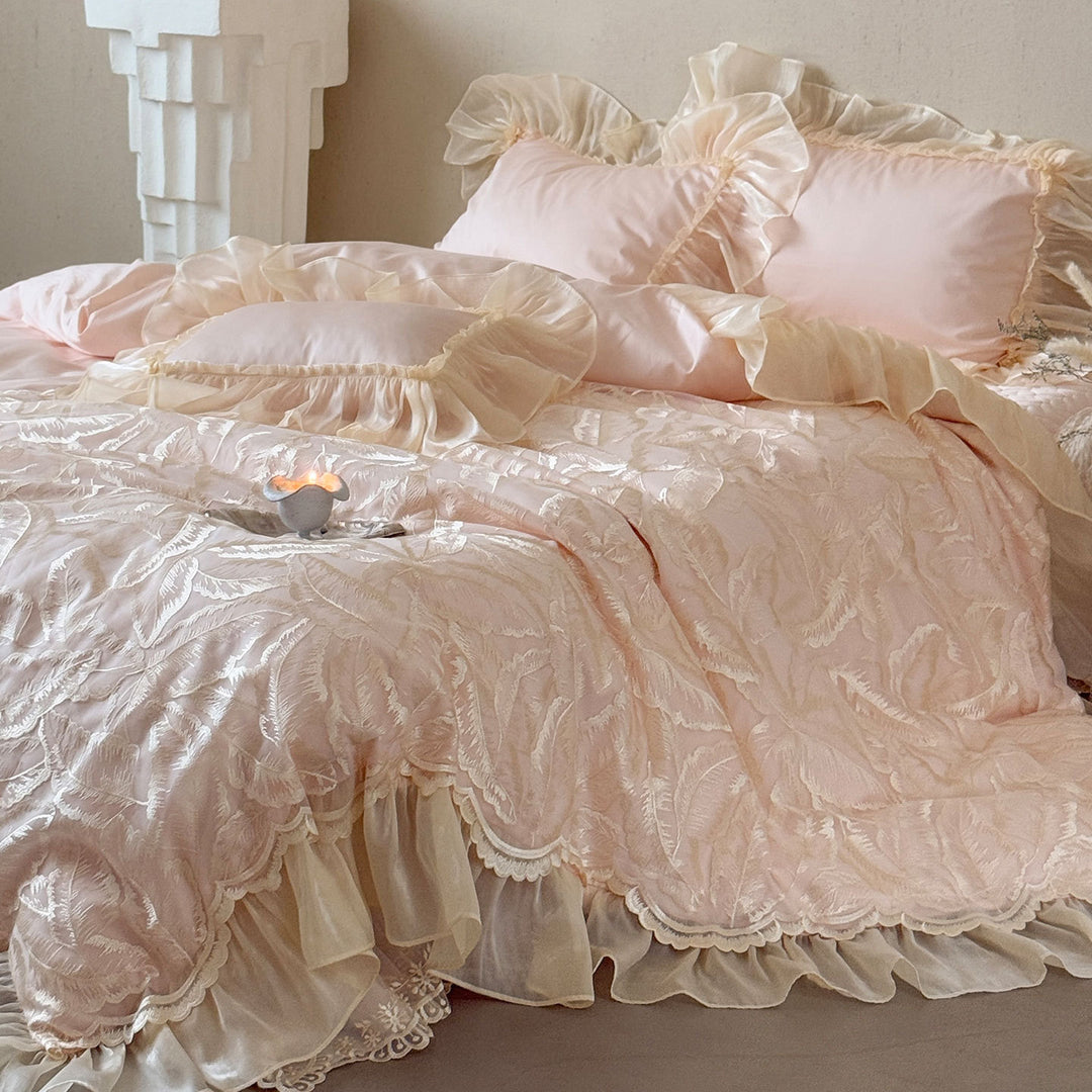 Luxurious Ruffled Organza-Trim Satin Duvet Cover Set with Embroidered Leaf Jacquard Bedspread