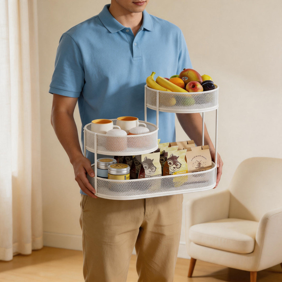 Staggered Three Tier Oval Mesh Countertop Organizer with Raised Circular Baskets