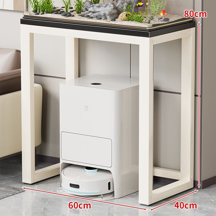 Gold Metal Aquarium Console Table with Faux Marble Top and Robot Vacuum Storage